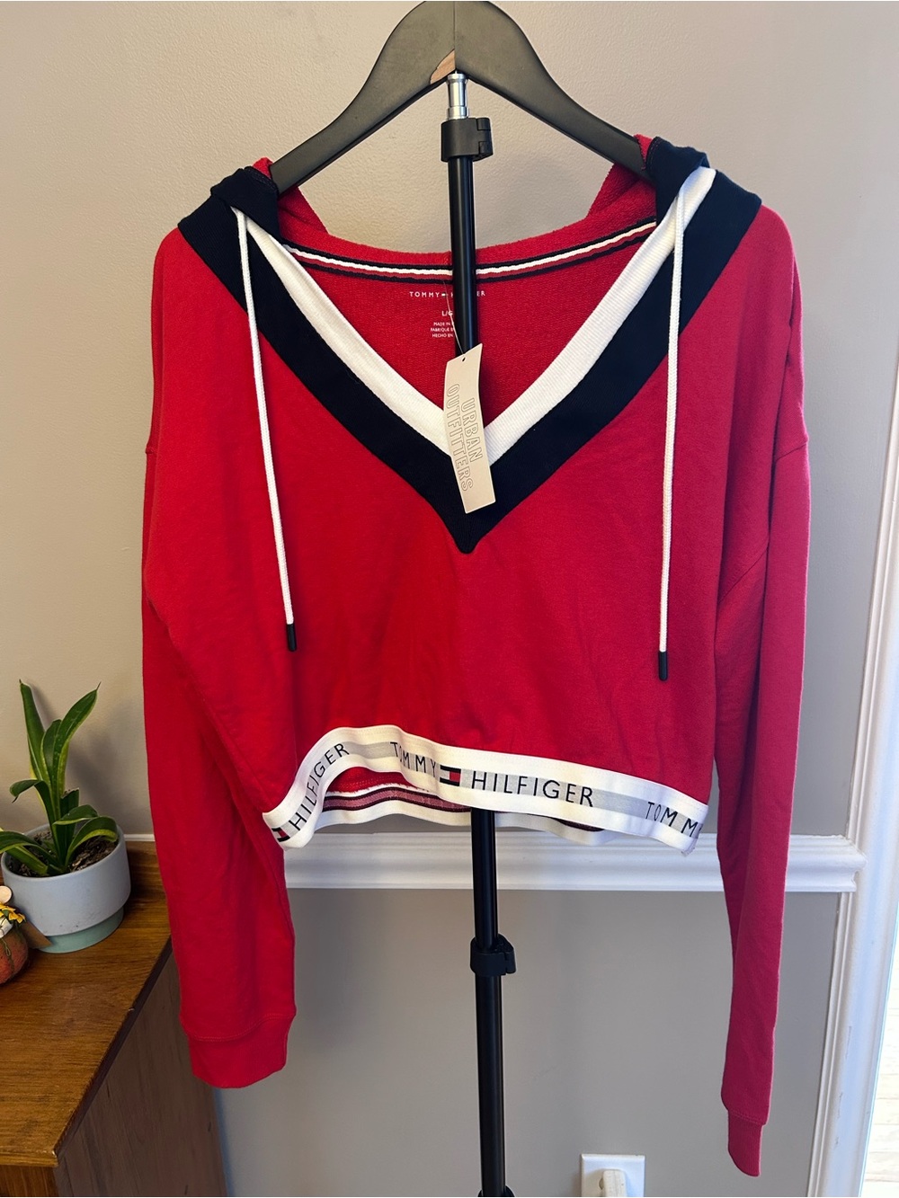Tommy Hilfiger Red V-Neck Hooded Cropped Sweatshirt with Navy & White Trim